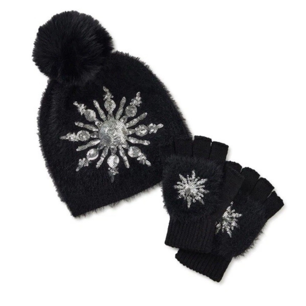 Ladies Winter Black knitted Beanie Sequins Hat & Fur Pom Pom And Mittens Set NWT